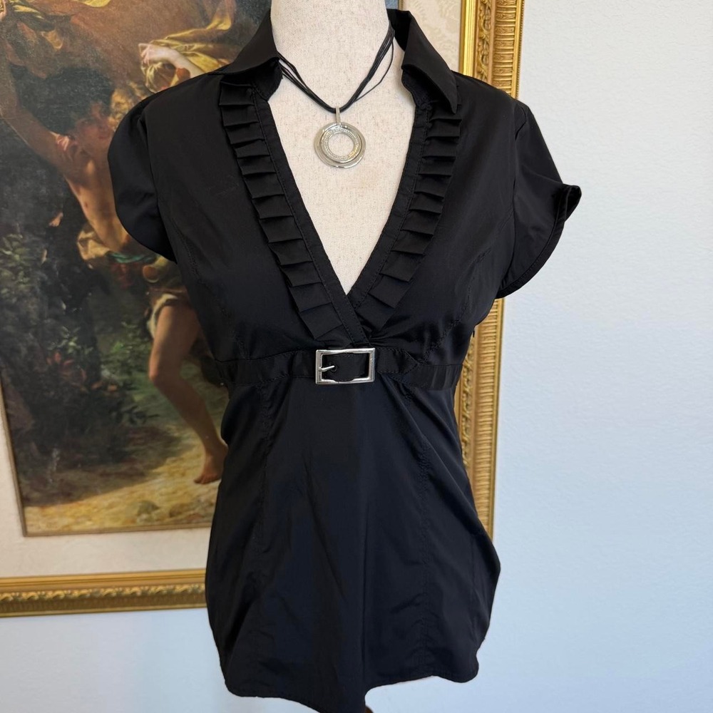Y2K Office Siren Babydoll Collared Blouse with Buckle Detail